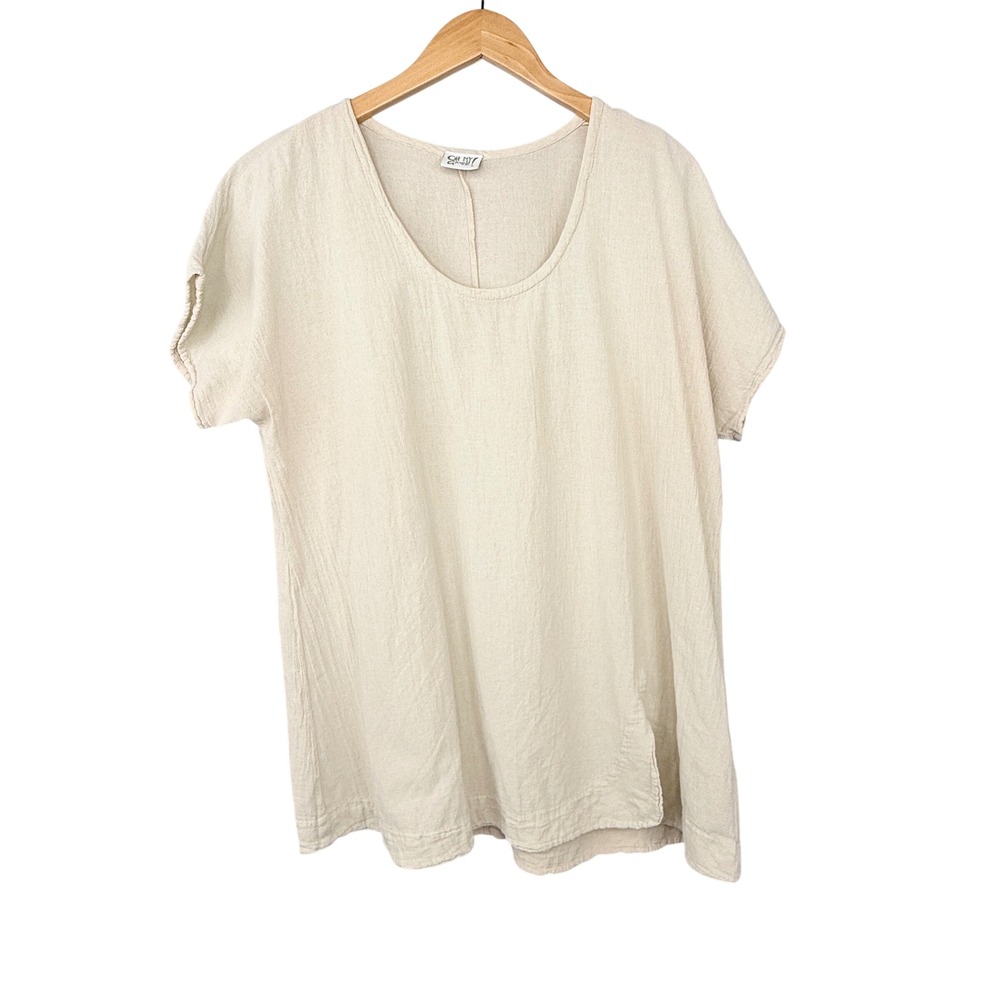 Oh My Gauze Tunic Top Womens 2 L-XL Beige Cotton Short Sleeve Scoop Neck